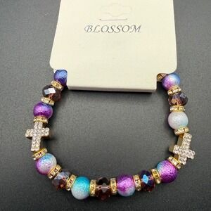 Beaded Cross Bracelet Gold Tone Purple Blue Rhinestone Stretch New